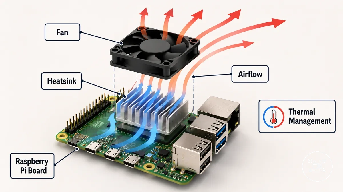 ملحقات تبريد Raspberry Pi تظهر مشتتًا حراريًا ومروحة ومسار تدفق هواء حول اللوحة