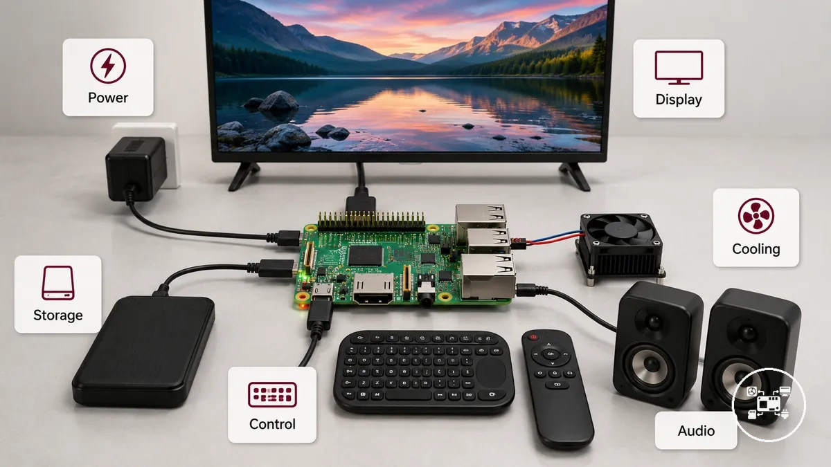 مركز وسائط Raspberry Pi مع ملحقات الطاقة والعرض والتخزين والتبريد والتحكم