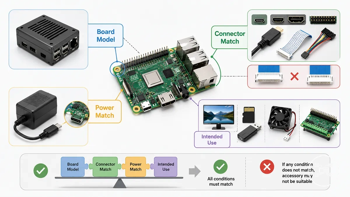 لوحات وملحقات Raspberry Pi مرتبة لإظهار فحوصات الموصل والطاقة والملاءمة المادية