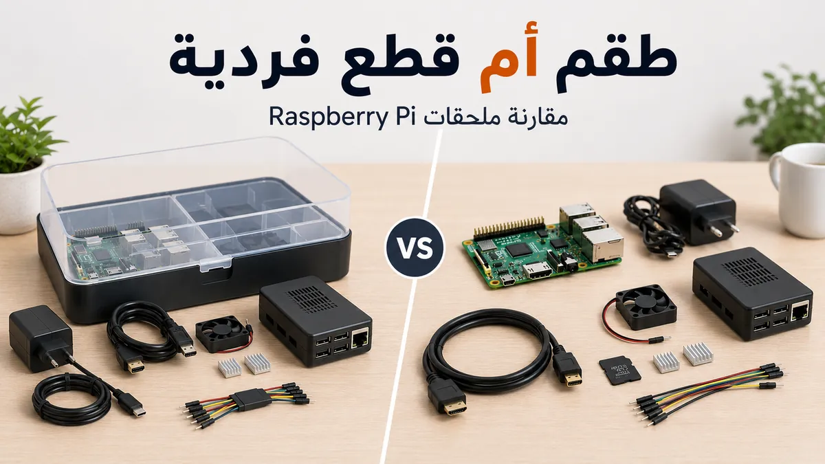 طقم ملحقات Raspberry Pi بجانب قطع فردية للمقارنة
