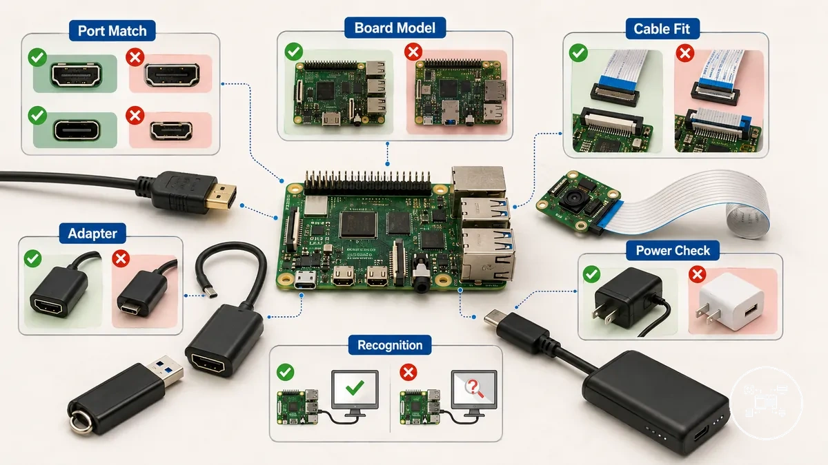 Prüfen der Kompatibilität von Raspberry Pi Zubehör über Anschlüsse, Kabel, Adapter und physische Verbindungen