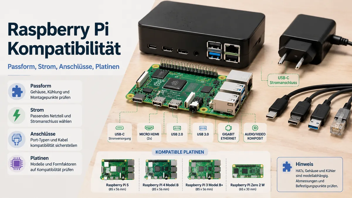Raspberry Pi Zubehör mit Anschlüssen, Stromverbindungen und Platinenkompatibilität