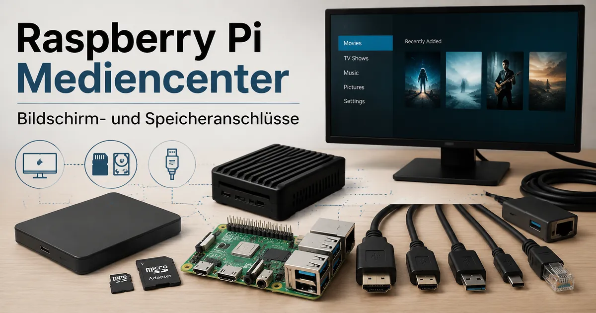 Raspberry Pi Zubehör für einen Mediencenter-Aufbau mit Bildschirm- und Speicheranschlüssen