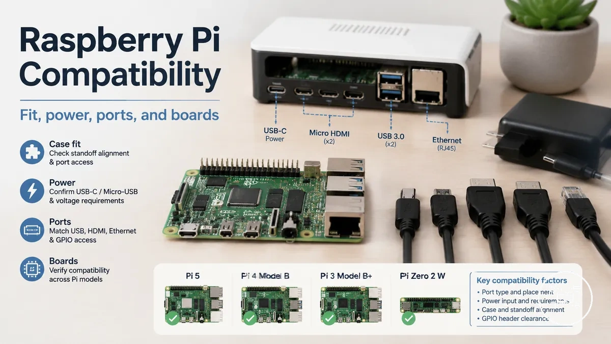 Raspberry Pi accessories showing fit, ports, power connectors, and board compatibility