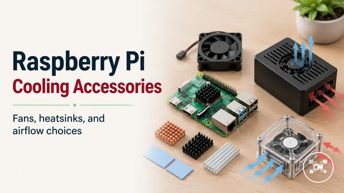Raspberry Pi cooling accessories with fans, heatsinks, and airflow components
