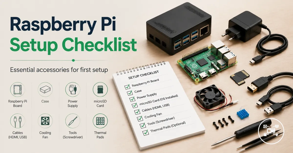 Essential Raspberry Pi accessories laid out as a first setup checklist
