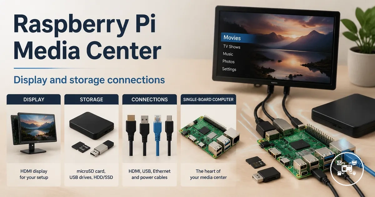 Raspberry Pi accessories for a media center build with display and storage connections