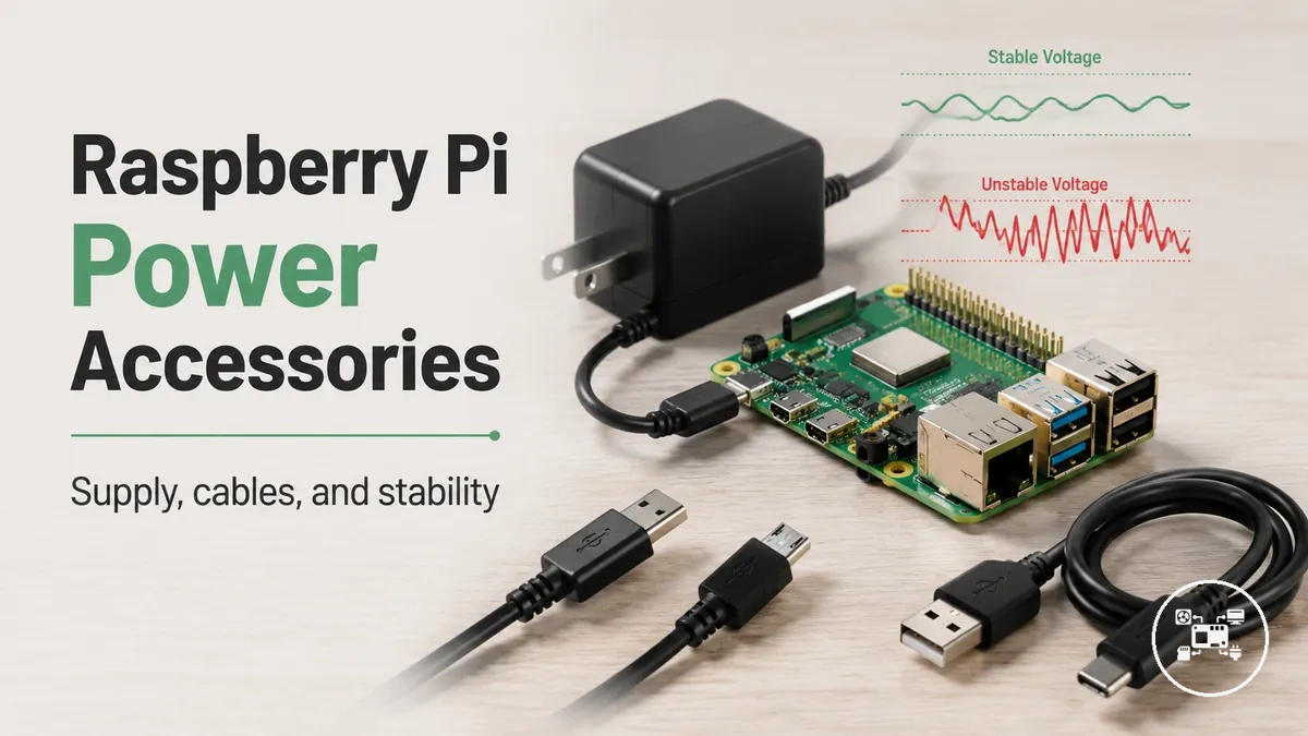 Raspberry Pi power accessories including a supply and cables for stable operation