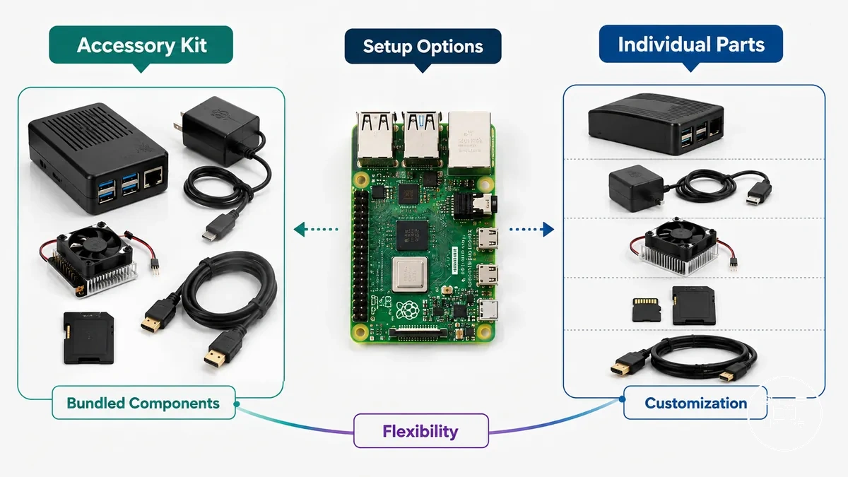 Raspberry Pi accessory kit with bundled components beside individually selected setup parts