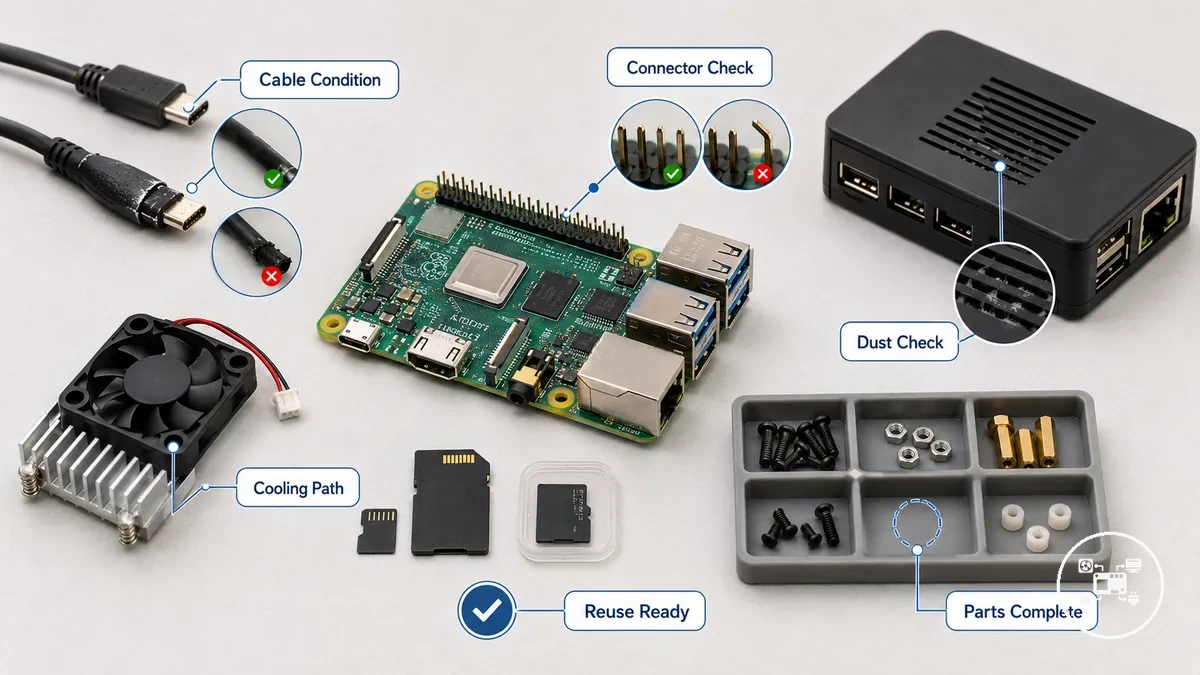 Raspberry Pi accessories inspected for cable condition, missing parts, dust, and reuse readiness