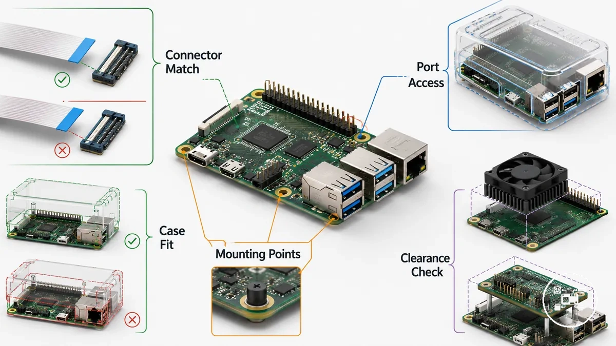 Annotated Raspberry Pi board showing physical fit areas, ports, and connector compatibility