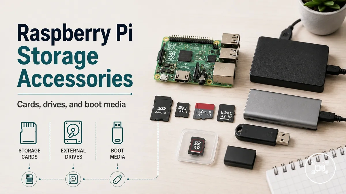 Raspberry Pi storage accessories including cards, drives, and boot media