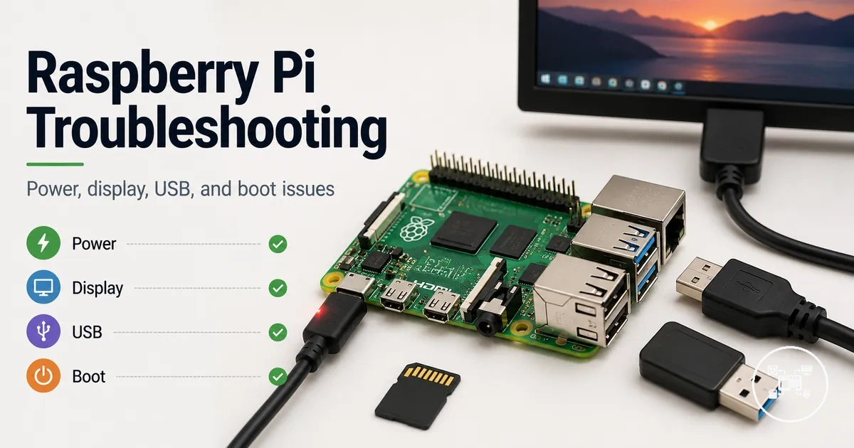 Raspberry Pi accessories checked for power, display, USB, and boot troubleshooting