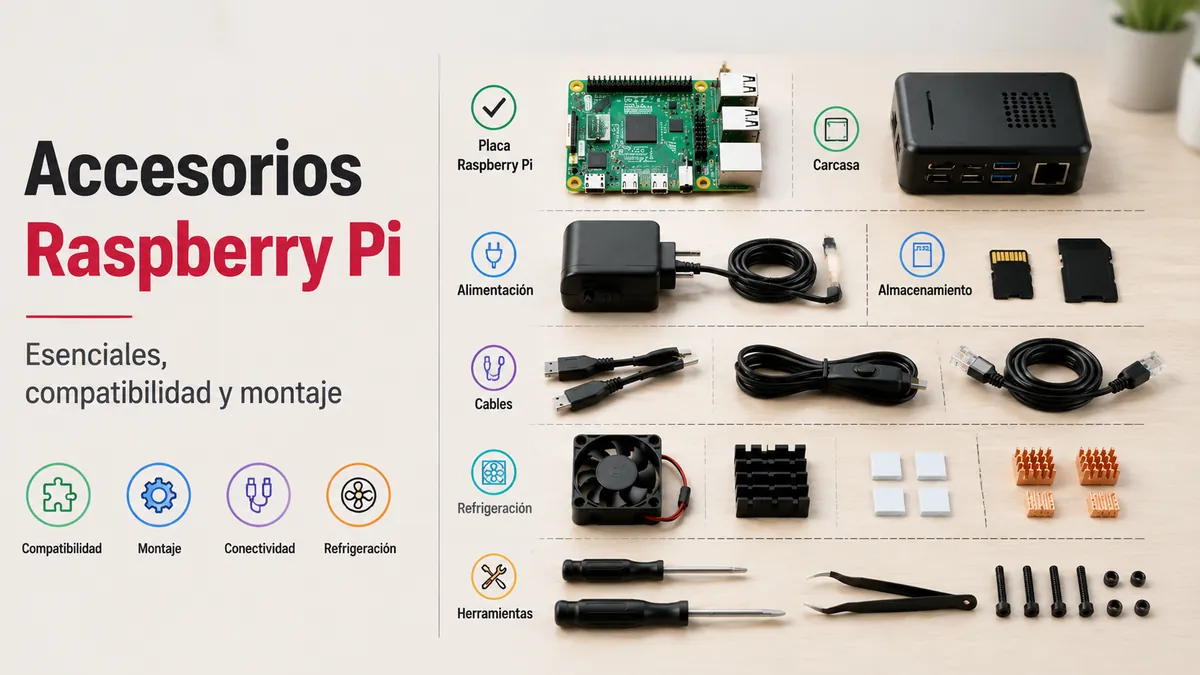 Accesorios para Raspberry Pi organizados para montaje, compatibilidad y uso diario
