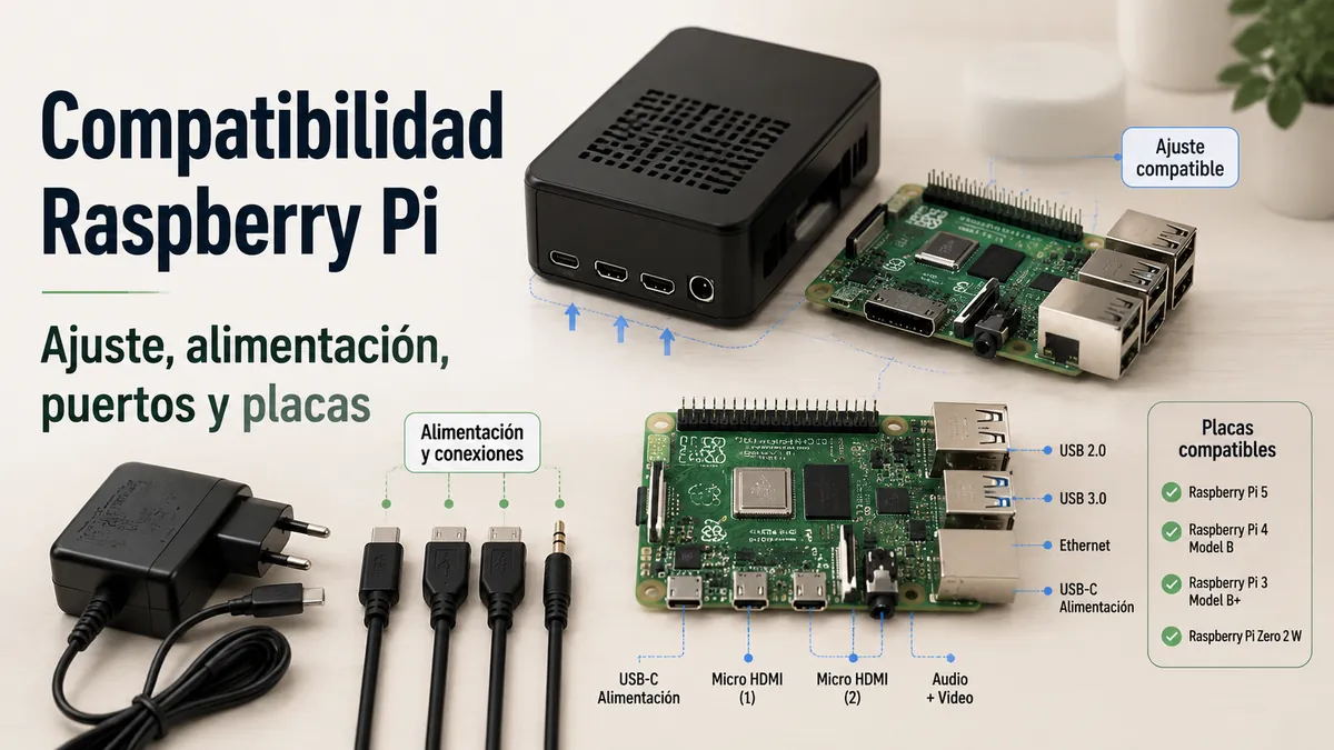 Accesorios para Raspberry Pi con ajuste, puertos, conectores de alimentación y compatibilidad de placa