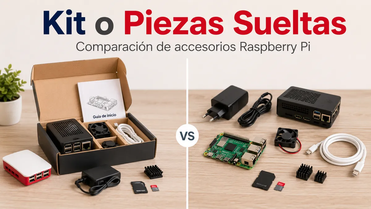 Kit de accesorios para Raspberry Pi junto a piezas sueltas para comparar opciones