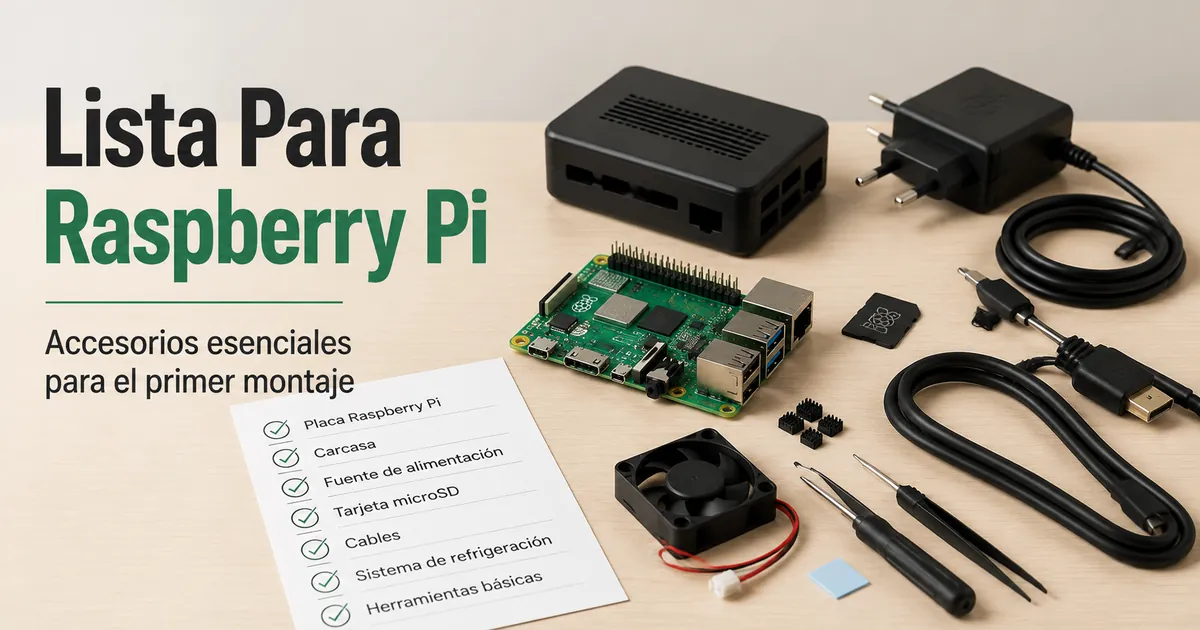 Accesorios esenciales para Raspberry Pi colocados como lista de primer montaje