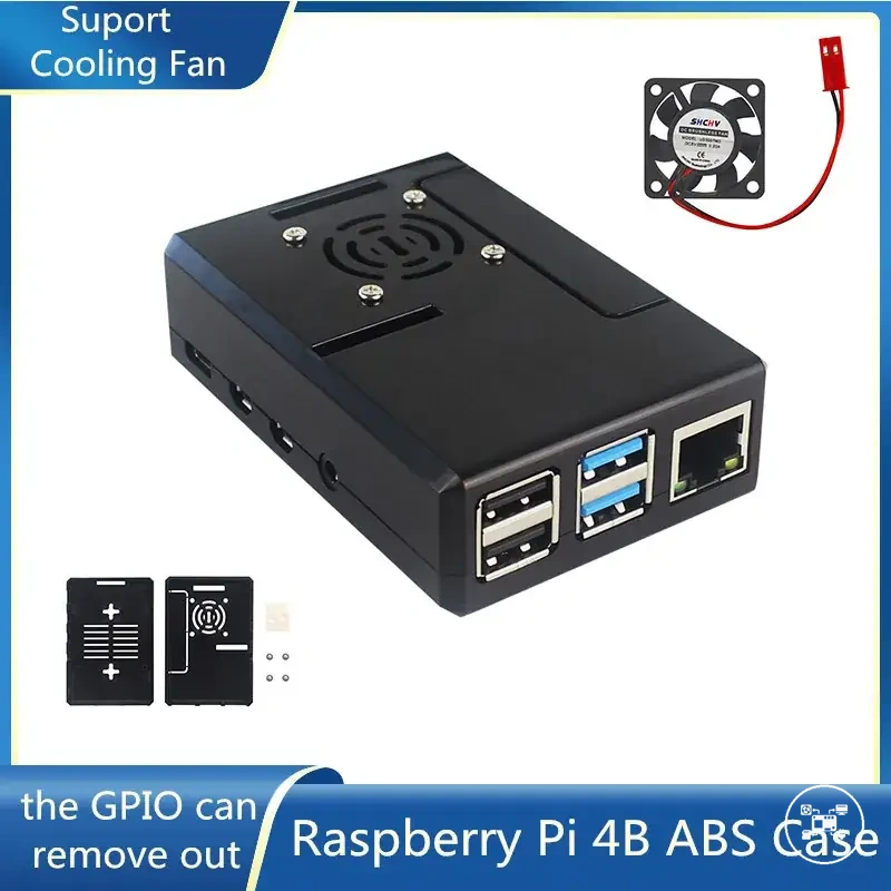 Boîtier ABS Raspberry Pi 4 avec cache GPIO amovible et ventilateur de refroidissement