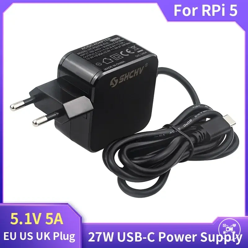 Chargeur d'alimentation USB-C Raspberry Pi 5 avec options de prise