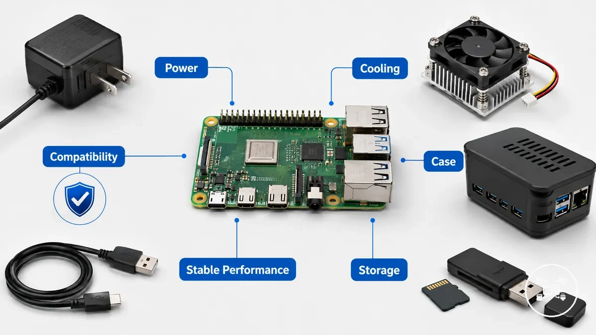 Accessoires Raspberry Pi étiquetés illustrant les facteurs de fiabilité pour la stabilité de la configuration
