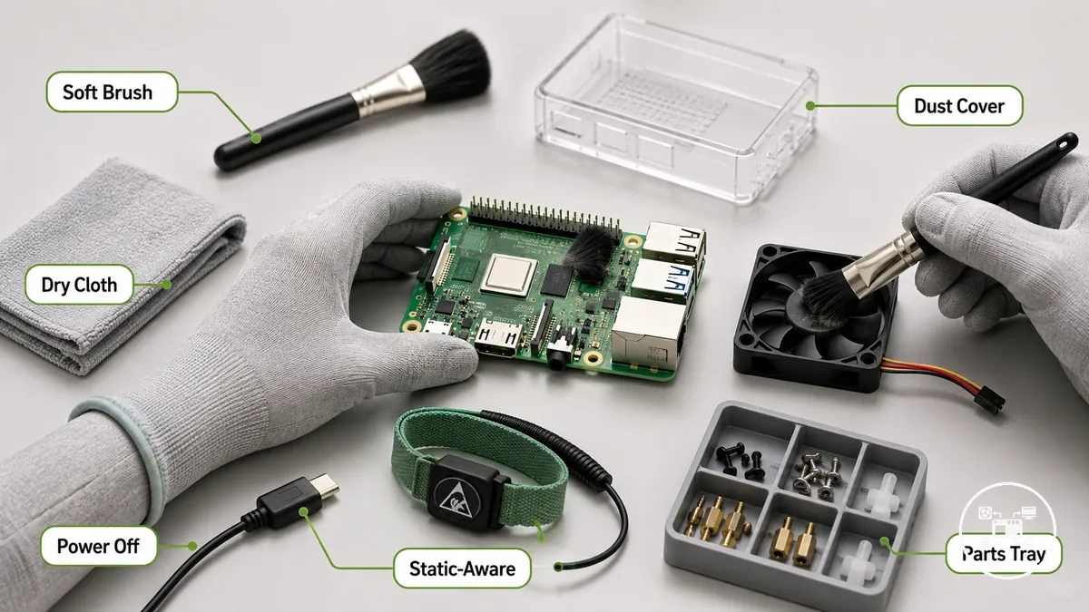 Outils de nettoyage sécurisés pour accessoires Raspberry Pi incluant une brosse douce, un chiffon sec et une housse anti-poussière