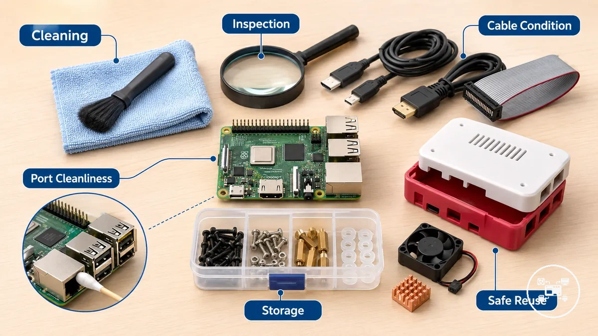 Périmètre de l'entretien des accessoires Raspberry Pi montrant des câbles groupés, un boîtier, des pièces de refroidissement, un conteneur de rangement et de petits articles de stockage