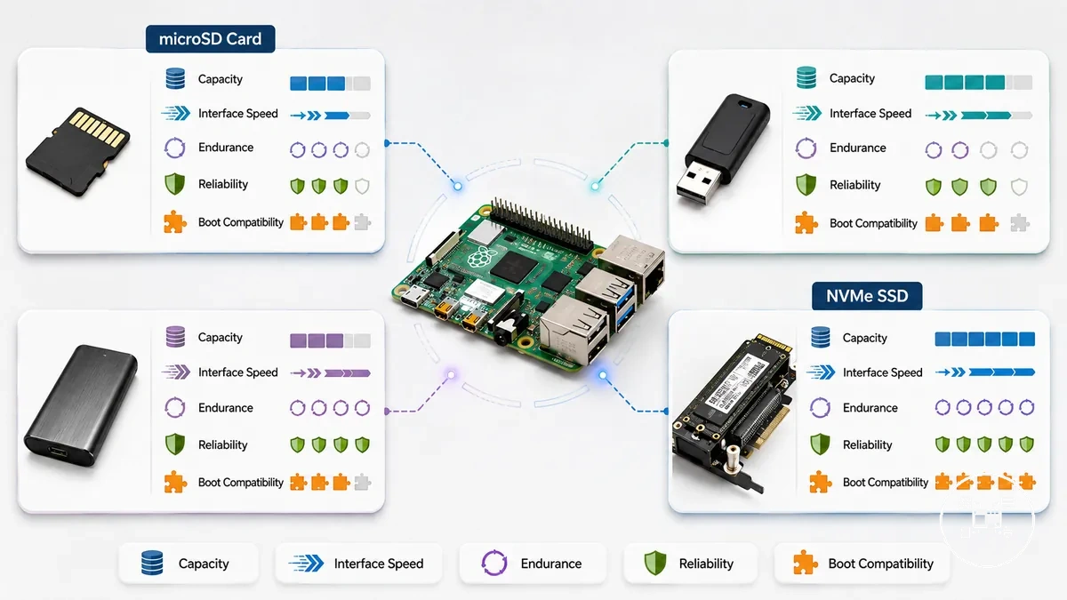 Comparaison des types de stockage Raspberry Pi et de leurs attributs de performance