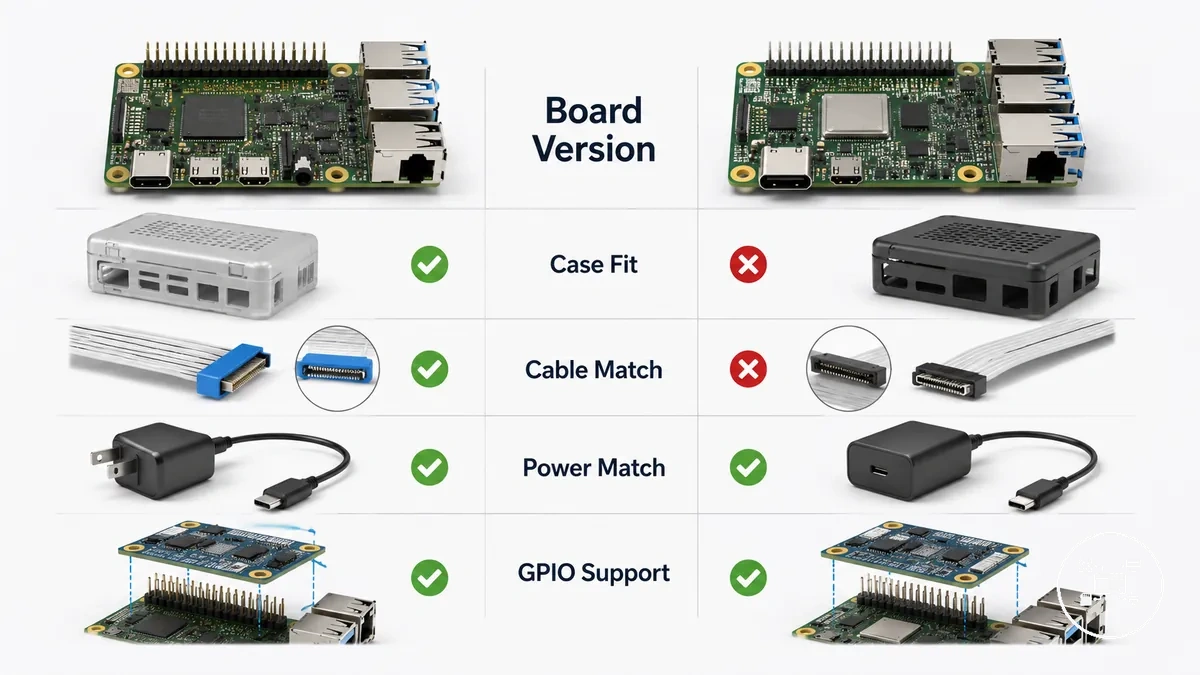 Comparaison des versions des cartes Raspberry Pi mettant en évidence les exigences de compatibilité des accessoires
