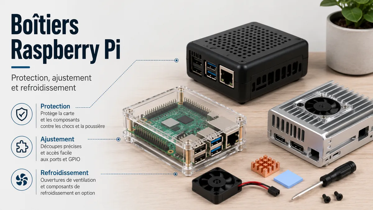 Boîtiers Raspberry Pi montrant protection, ajustement et support de refroidissement