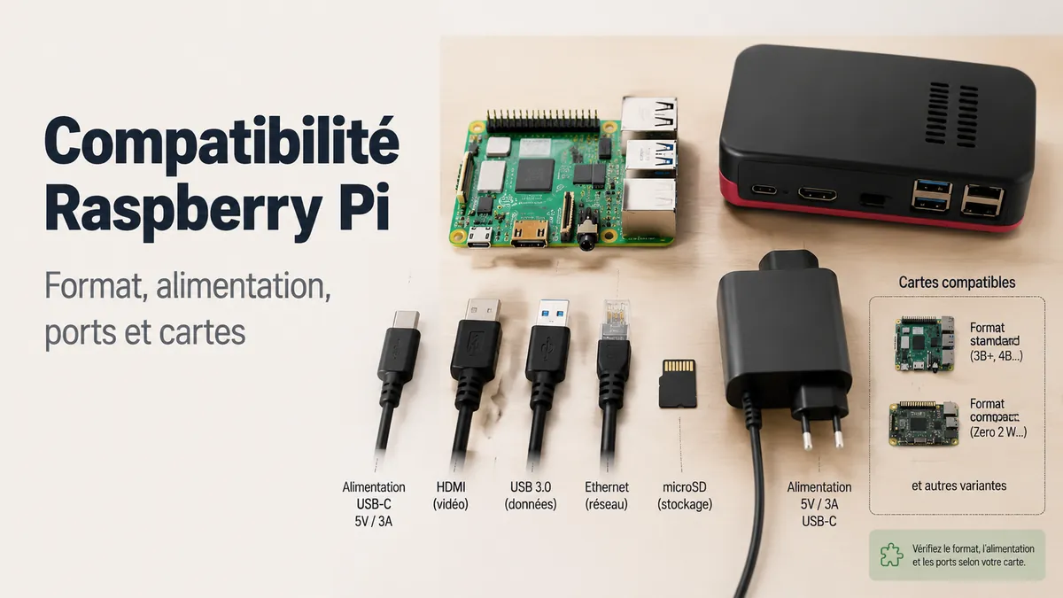 Accessoires Raspberry Pi montrant les ports, connexions d'alimentation et la compatibilité des cartes