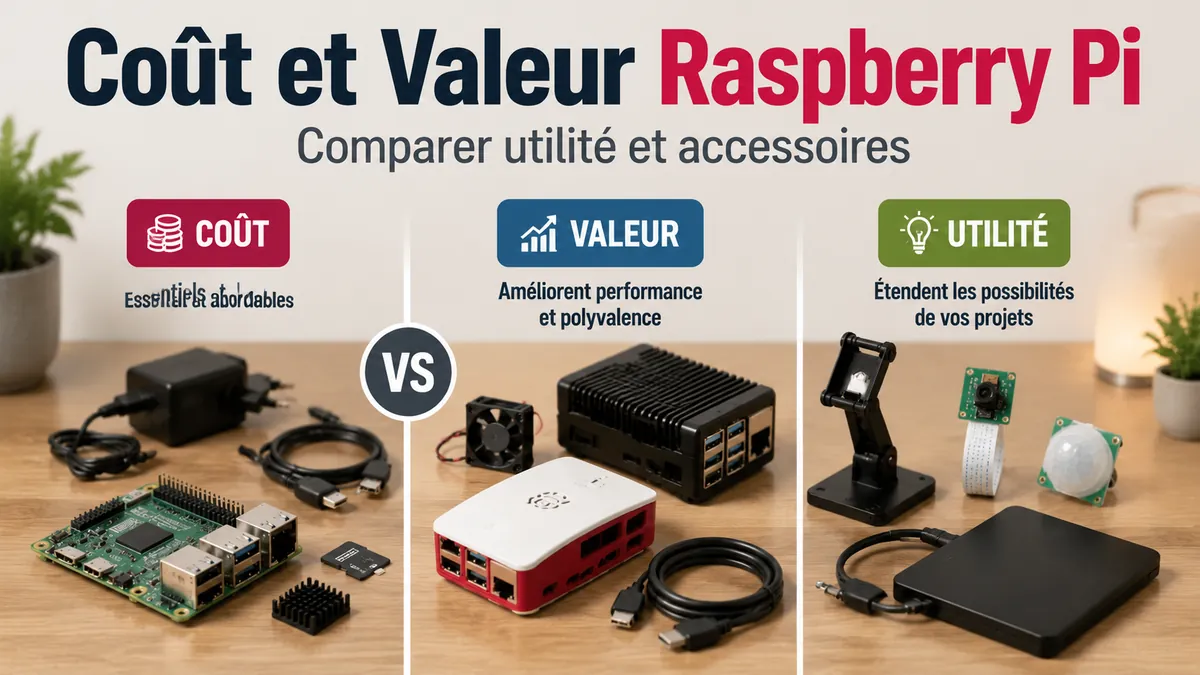 Accessoires Raspberry Pi organisés pour comparer coût, valeur et utilité