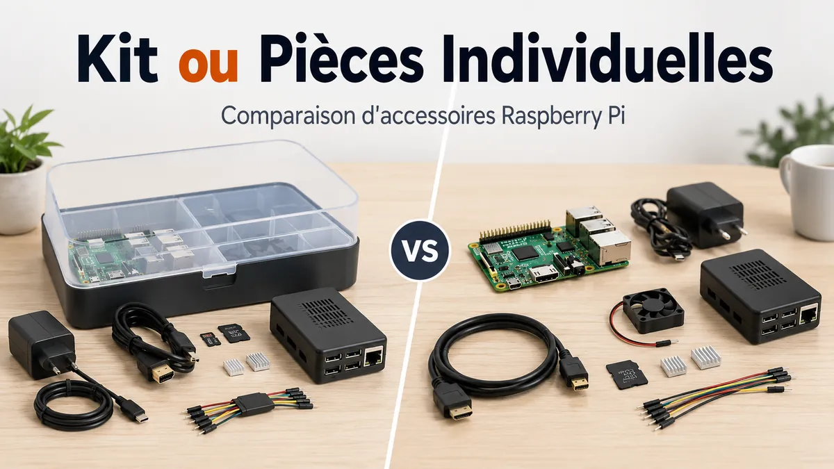 Kit d'accessoires Raspberry Pi à côté de pièces individuelles pour comparaison