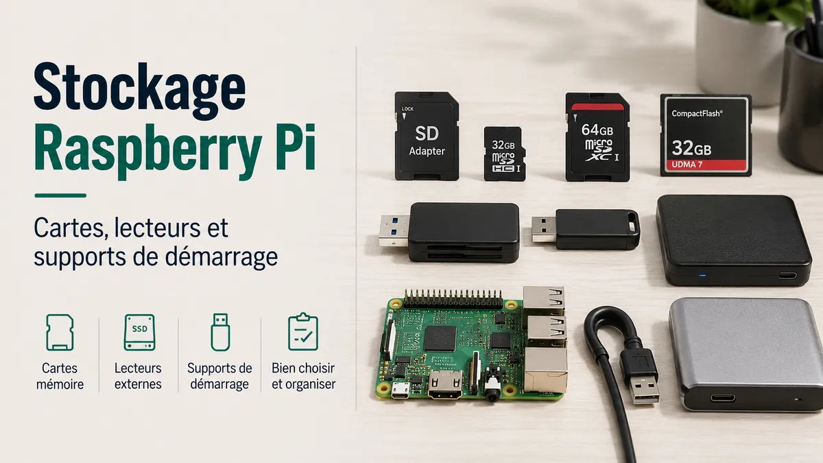 Accessoires de stockage Raspberry Pi avec cartes, lecteurs et supports de démarrage