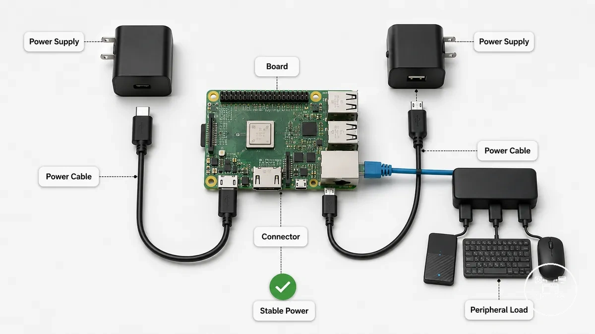 Acessórios de alimentação e conexão para configuração de Raspberry Pi
