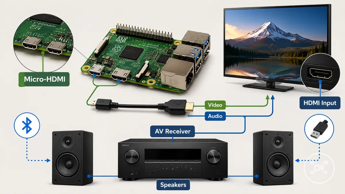 Layout de conexões HDMI, vídeo e áudio para um media center com Raspberry Pi