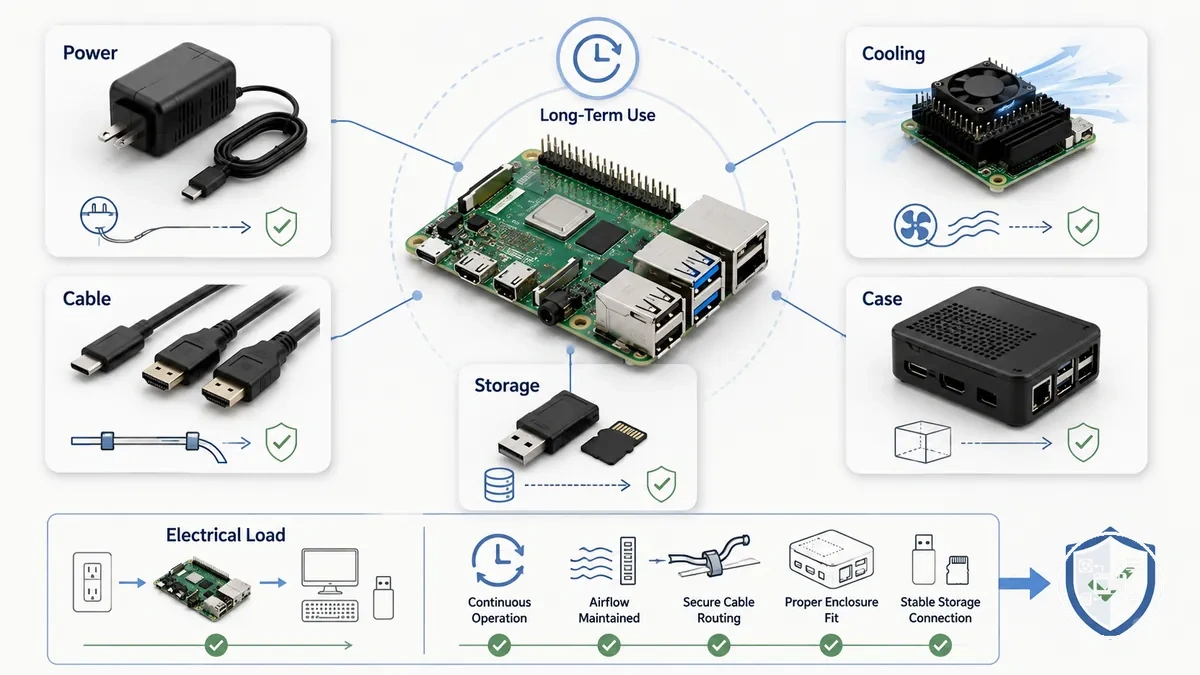 Diagrama dos fatores de confiabilidade de acessórios Raspberry Pi para uso de longo prazo