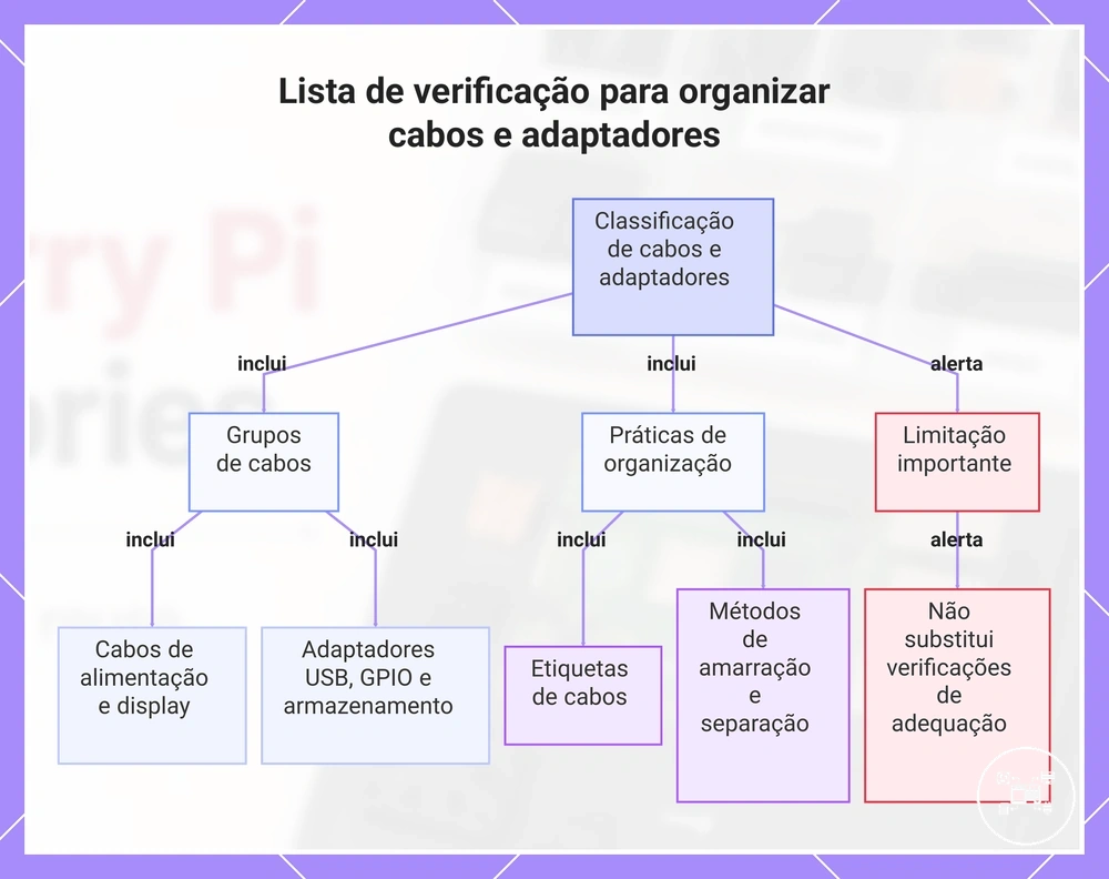 Lista de verificação para organizar cabos e adaptadores