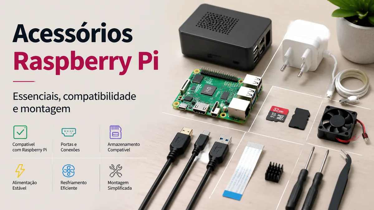 Acessórios para Raspberry Pi organizados para montagem, compatibilidade e uso diário