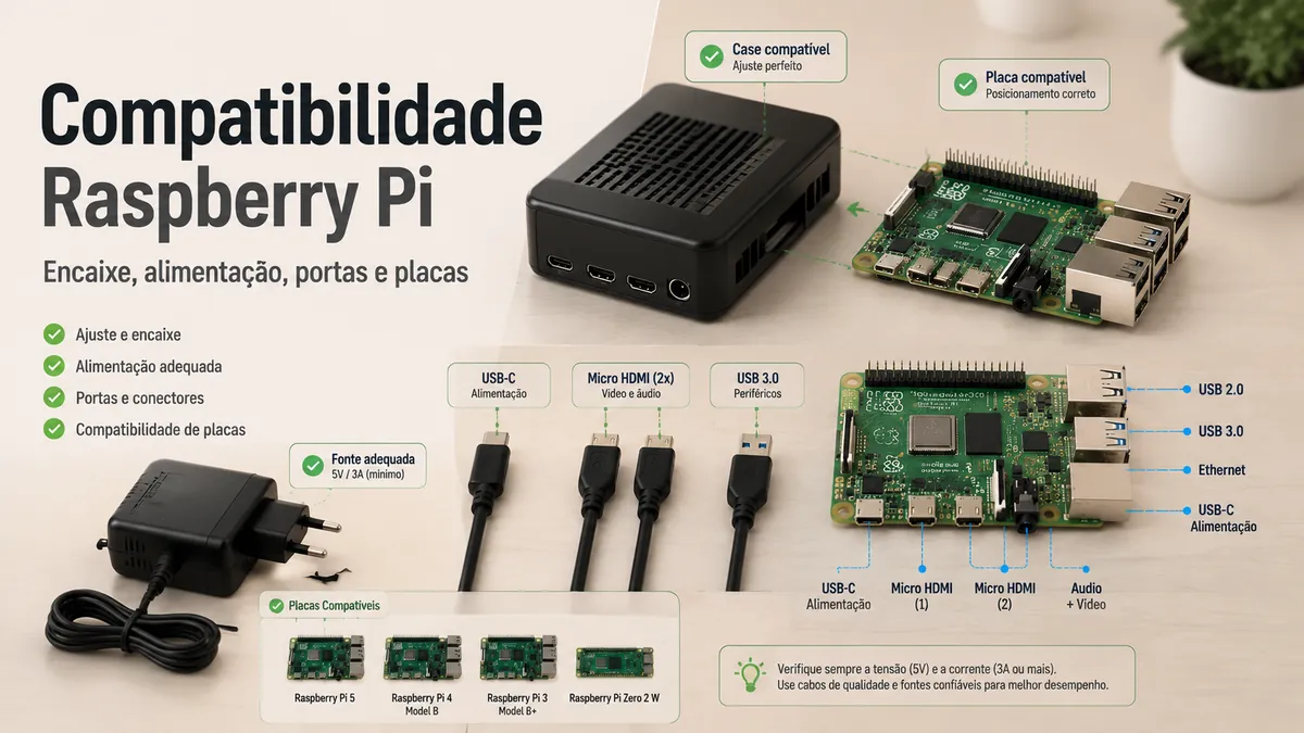 Acessórios para Raspberry Pi com encaixe, portas, conectores de alimentação e compatibilidade de placa