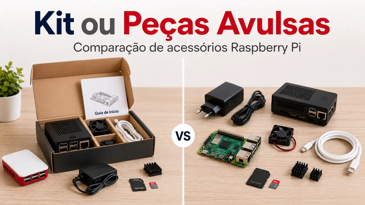 Kit de acessórios para Raspberry Pi ao lado de peças avulsas para comparação