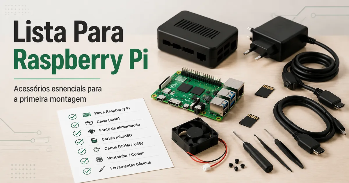 Acessórios essenciais para Raspberry Pi dispostos como lista de primeira montagem