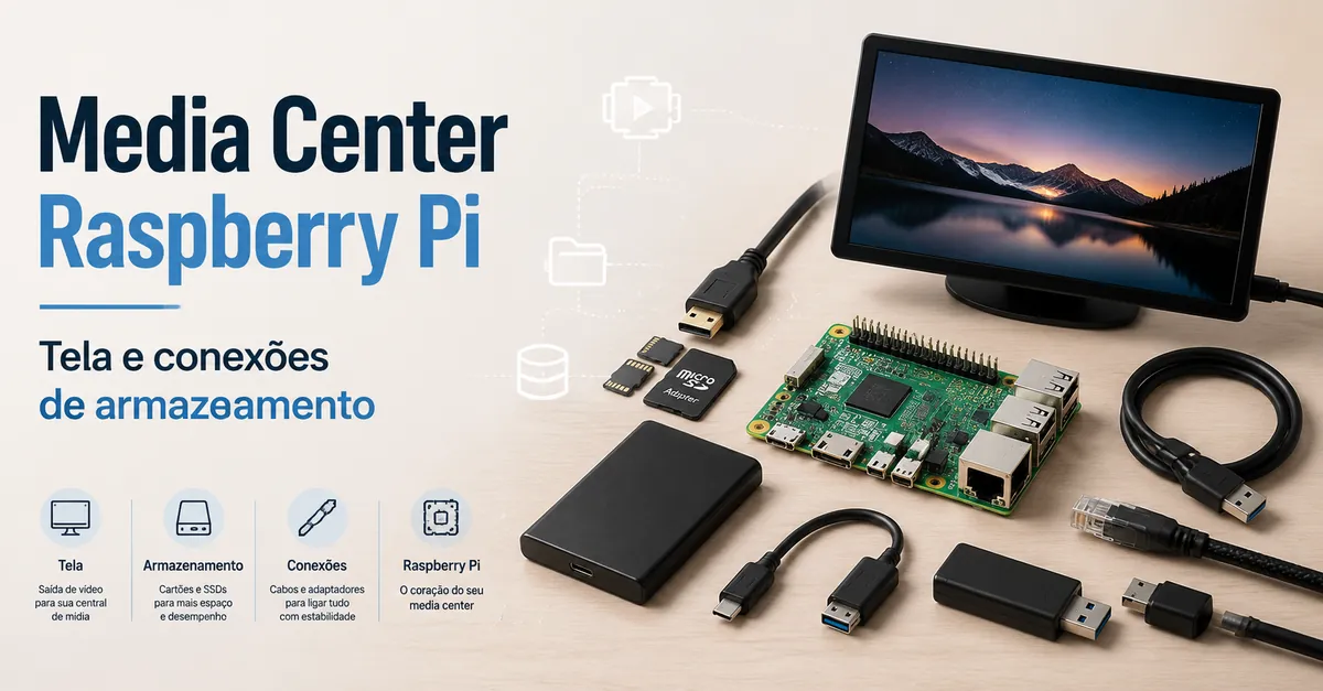 Acessórios para Raspberry Pi em montagem de media center com tela e armazenamento