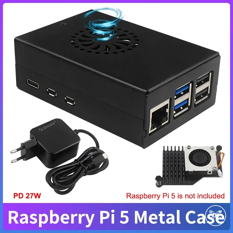 Raspberry Pi 5 metal kasa, isteğe bağlı güç kaynağı kutusuyla