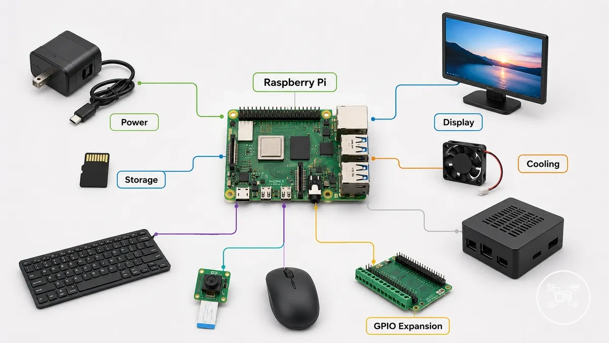 Bir kart kurulumuna bağlı ve işlevsel rolleri gösteren Raspberry Pi aksesuarları