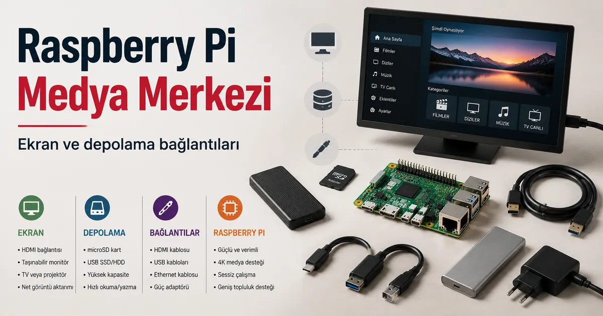 Ekran ve depolama bağlantıları olan medya merkezi kurulumu için Raspberry Pi aksesuarları