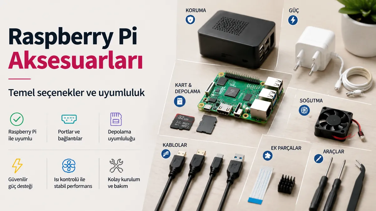 Kurulum, uyumluluk ve günlük kullanım için düzenlenmiş Raspberry Pi aksesuarları