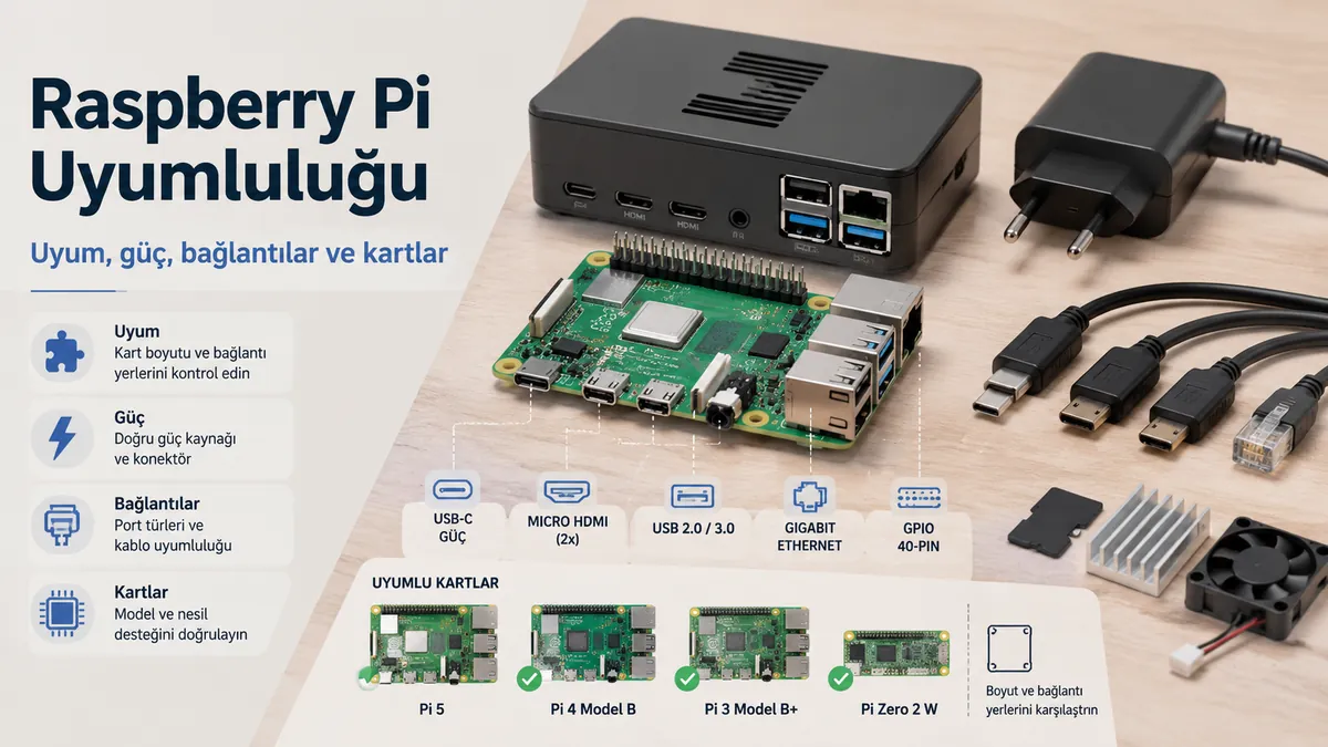 Uyum, bağlantı noktaları, güç bağlantıları ve kart uyumluluğu gösterilen Raspberry Pi aksesuarları