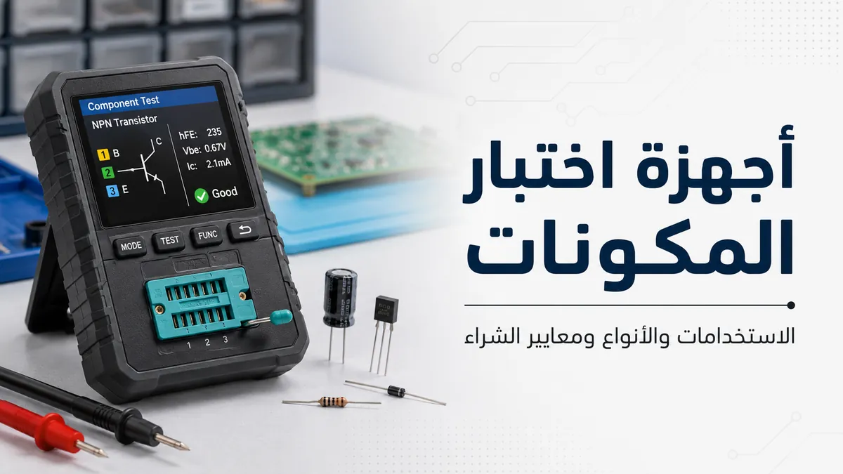 جهاز اختبار مكونات إلكترونية مع شاشة ومقبس اختبار ومجسات ومكونات صغيرة على طاولة عمل