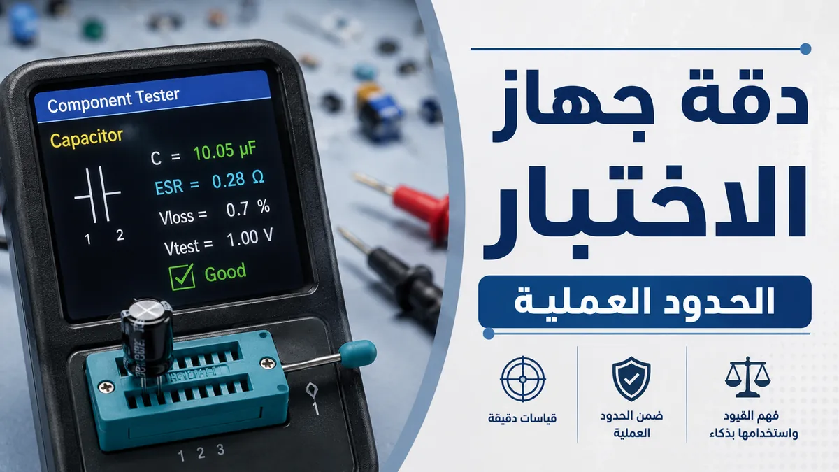 شاشة جهاز اختبار مكونات إلكترونية تعرض قيمًا مقاسة أثناء فحص الدقة