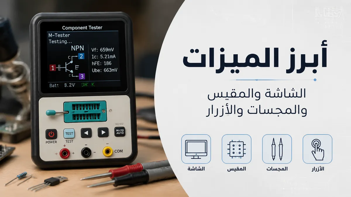 جهاز اختبار مكونات إلكترونية تظهر فيه شاشة واضحة ومنطقة المقبس والمجسات وأزرار الوظائف